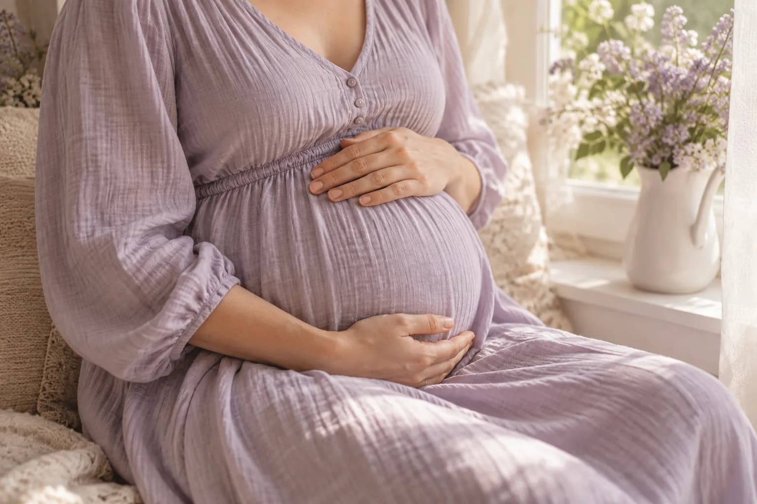 Lila elbiseli bir anne adayının ellerini karnına nazikçe koyduğu an